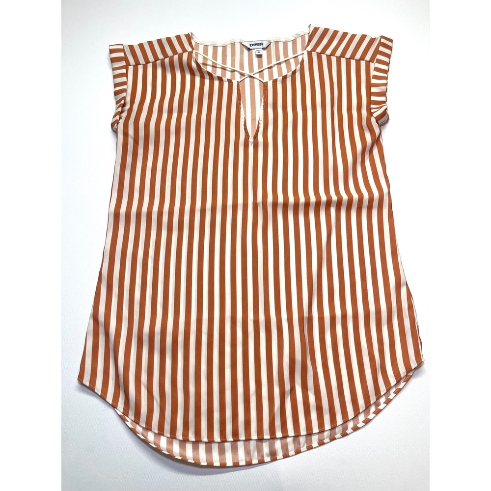 Express Womens XS Orange White Striped Cap Sleeve Crisscross Neck Blouse Top 370